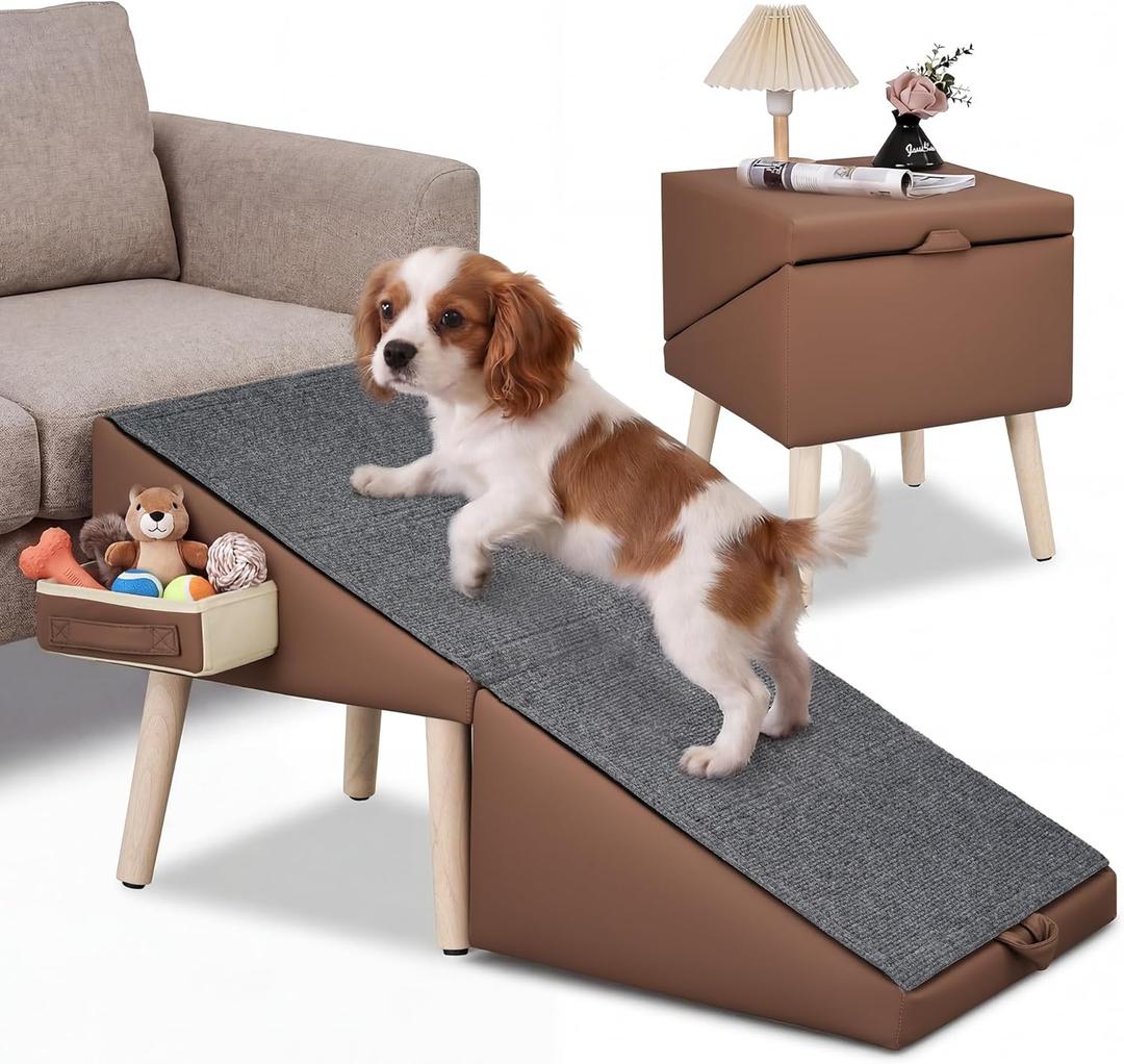 Dog Ramp for Couch and Bed, 17" H Stairs for Small to Medium Dogs and Cats Foldable Steps for Pets to Get on High Bed, Non-Slip Sturdy Ottoman Ramp with Storage Drawer, Brown