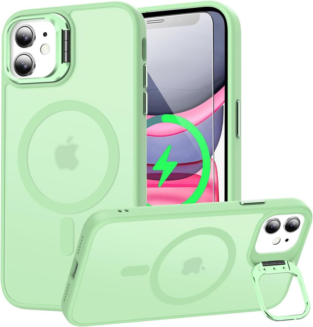 Goodon Magnetic for iPhone 11 Case with Screen Protector, Built-in Camera Kickstand,[Compatible with Magsafe] [Wireless Charging] Matte Protective Phone Cover 6.1" for Men, Women, Girls - Tea Green