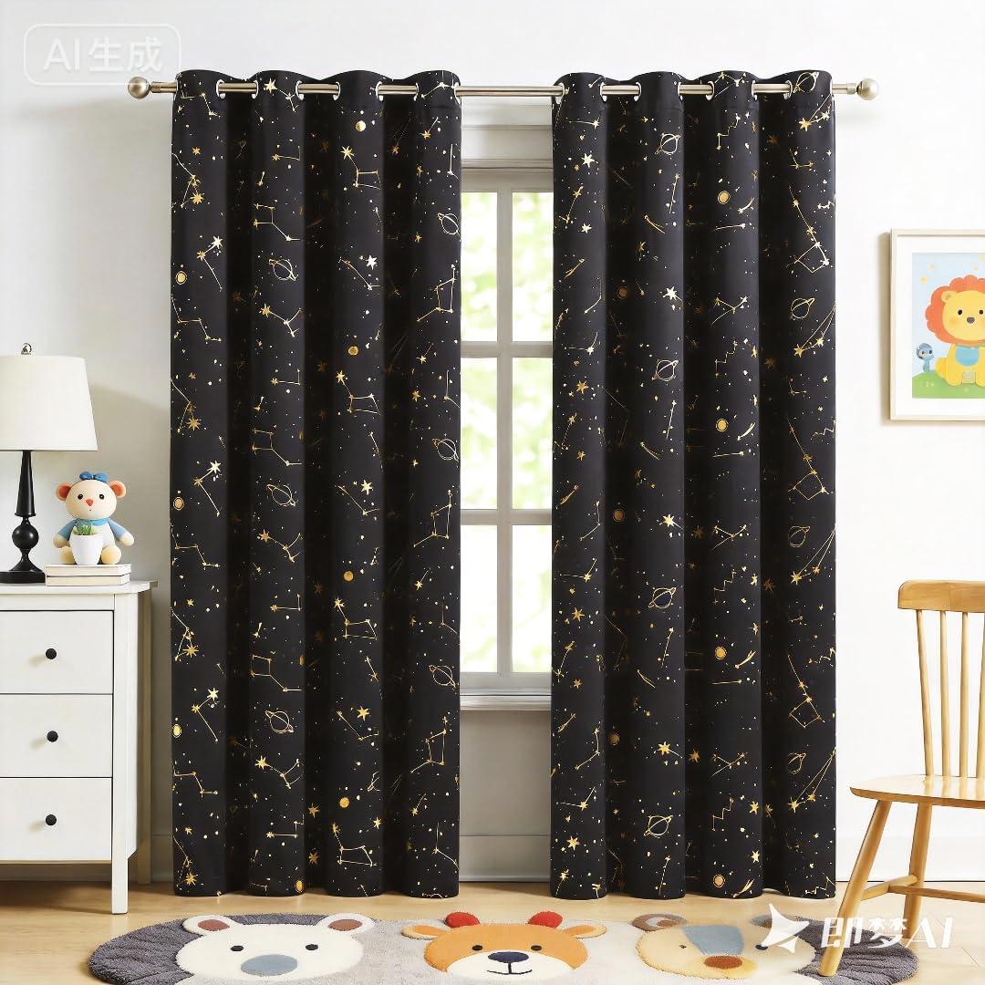 Black Full Blackout Window Curtain Stellar Metallic Noise Reducing Panels 84 Inches Long Grommet Top for Kids,Thermal Insulation Window Treatment for Boy Girl Bedroom Living Room,52Wx84Lx2