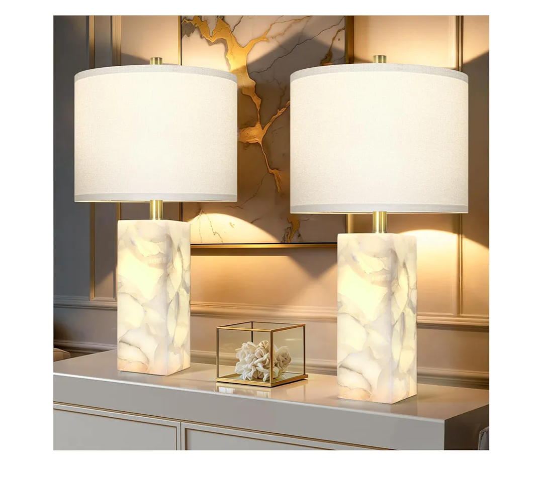 Alabaster Table Lamp Set of 2 with Night Light for Bedroom Living Room, 23" Rotary Switch Bedside Lamp with Linen Shade, Modern Nightstand Lamps for Room Office Dorm (Bulb Included)