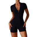 KAIFUYING Women Short Sleeve Workout Jumpsuit,Zipper Short Sleeved Jumpsuit Yoga Workout Rompers One Piece Jumpsuits For Women Black-L
