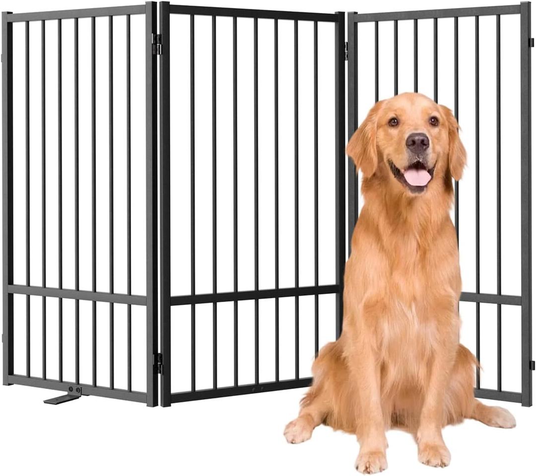 SNUOWU Full Metal Freestanding Dog Gate with Door, 36''Height Foldable Pet Dog Fence for Indoor & Outdoor, 3 Panels Extra Wide Free Standing TallDog Gates for Doorways,House,Stairs,Porch,Deck,Yard, 【3 Panels】60"W*36H", Black