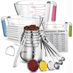 20-Piece Measuring Cups and Spoons Set, Nesting Stainless Steel Measuring Cups Spoons with Plastic Measuring Cup for Dry and Liquid Ingredients, Kitchen Cooking & Baking Gadgets