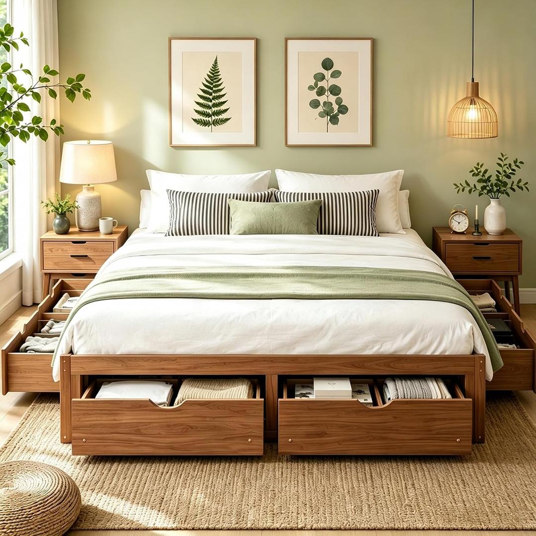 KEIKI King Size Platform Bed with 6 Storage Drawers, Solid Pine Wood Storage Bed Frame, Low Profile Wooden Mattress Foundation with Slats, No Box Spring Needed for Bedroom, Guest Room, Light Walnut