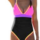 popvil One Piece Swimsuit 2025 Tummy Control Women Bathing Suit Shapewear Swimsuits Slimming Neon Cute Tie Back Swimwear (Medium, Black3)