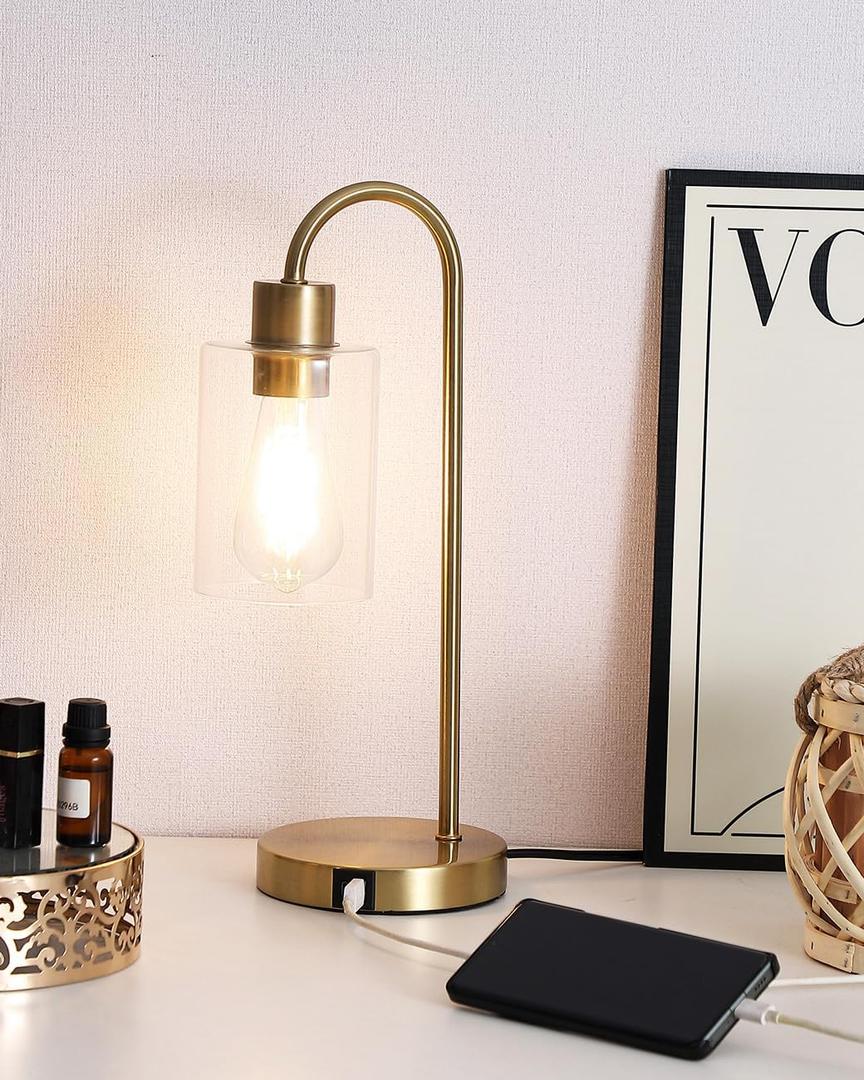 QHANTOMIZE Gold Table Lamp with USB Port, 3 Way Dimmable Touch Control Bedside Lamp, Modern Nightstand Lamp with Glass Shade, Industrial Table Lamp for Bedroom Office, USB A & C, LED Bulb Included