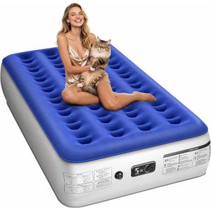Twin Air Mattress with Built in Pump Luxurious Comfort Raised Inflatable Mattress Twin Airbed Blow Up Mattress for Home and Guests 75"*39"*13" Air Bed 2 Minutes Fast Inflate/Deflate 330 lbs Max (13" Blue & White)