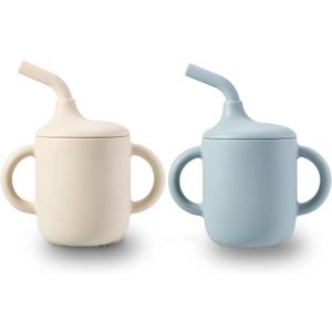PandaEar 2 Pack 100% Tiny Silicone Drinking Training Cup with Handles & Straw for Baby and Toddler (White Blue)