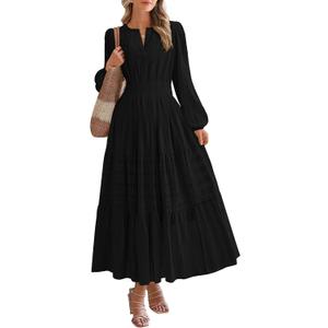BTFBM Spring Dresses for Women 2026 Casual Long Sleeve V Neck Elastic Waist Lightweight Maxi Wedding Guest Dress Pockets (XX-Large, Black)