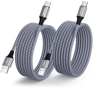 Long USB C Cable 8ft, 2-Pack, 3A Fast Charging, USB A to USB C Charger Cable Braided for iPhone 16 15 Pro Max Plus, for Samsung Galaxy S24 S23 S22 S21 S20 S10 S9 A54 A35 A15 A14 (Grey)
