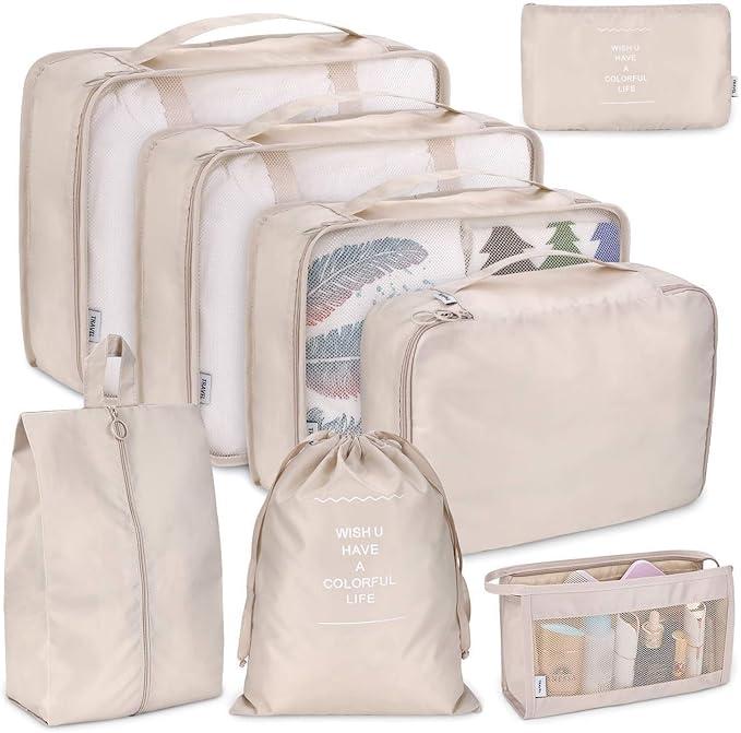 Wish U Have a Colourful Life Travel Packing Cubes, Set of 7 with Pouches, Beige Wish U Have a Colourful Life Travel Packing Cubes, Set of 7 with Pouches, Beige