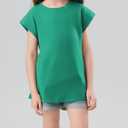 3 x Girls Cap Sleeve T Shirts Kids Summer Crewneck Solid Tops Tees 5-14 Years (Green)