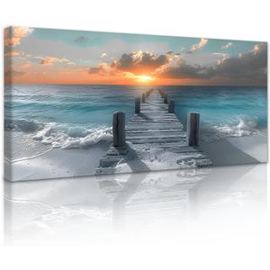 Large Beach Sunset Wall Art - Ocean Landscape Picture Seaside Pier Scenery Painting Artwork Seascape Canvas Print Poster Modern Wall Decor for Home Living Room Office, Ready to Hang Framed 48" x 24"