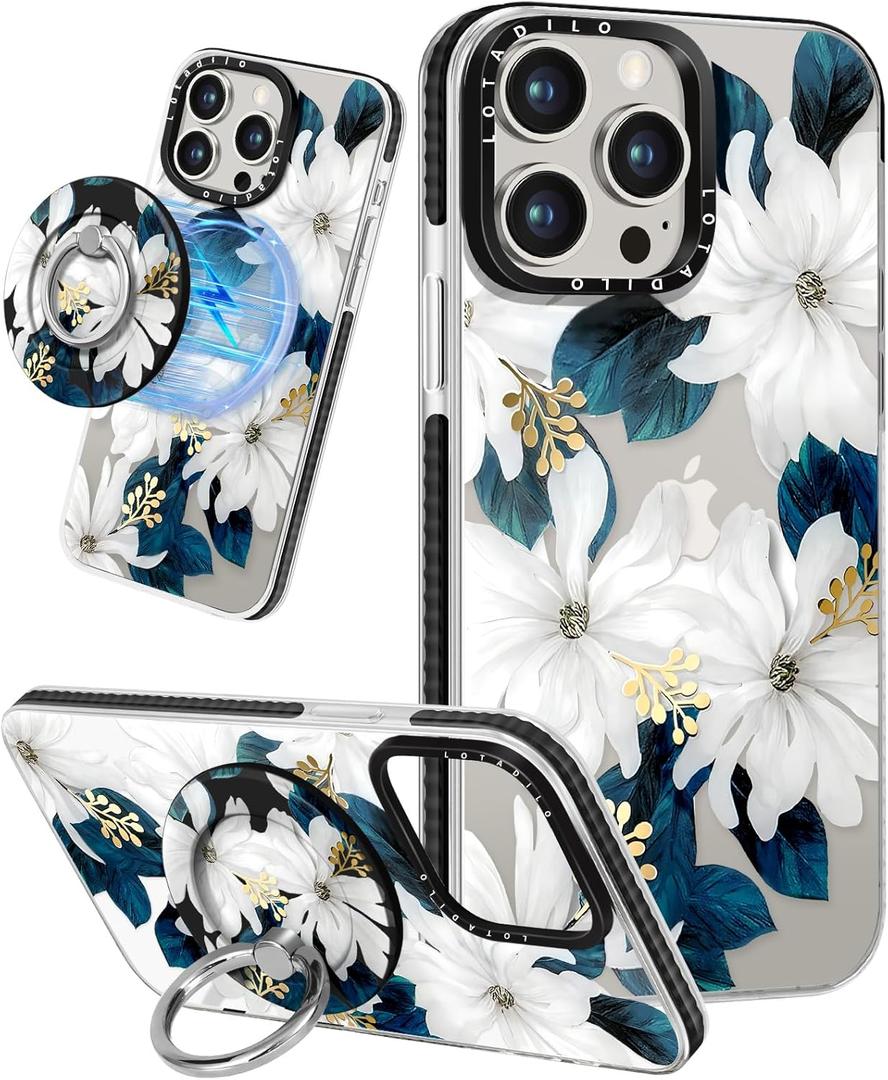 Lotadilo for iPhone 15 Pro Case for Women - Girls Kawaii Design Compatible with Magsafe Magnetic Ring Holder Stand Blue Flower Phone Covers Aesthetic Girly TPU Funda for 15 Pro