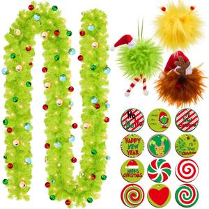 Syhood Lime Green Garland Whimsical Christmas Garland with Balls for Fireplace Railing Staircase Centerpieces for Tables Christmas Tree Decorations Indoor Outdoor(with Lights and Ornaments,9 ft)