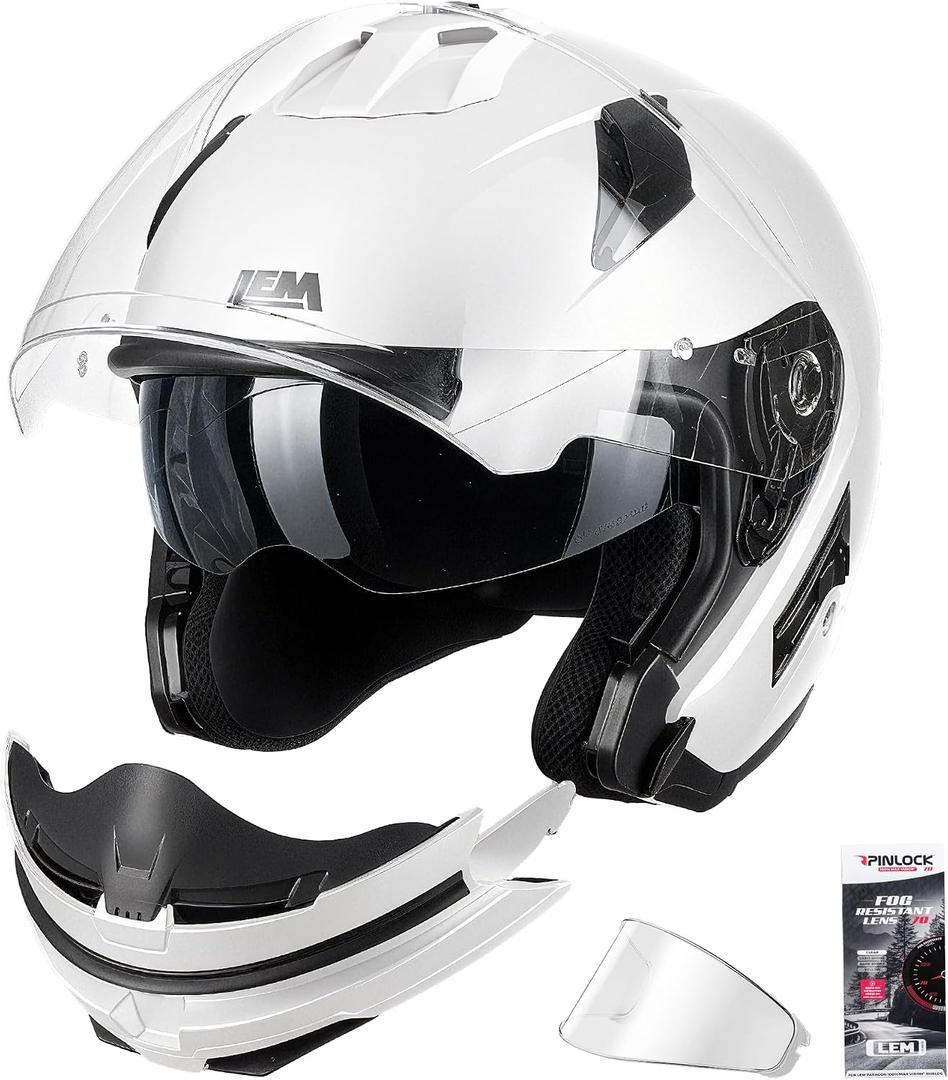 LEM Modular Motorcycle Helmets for Adults, Full Face Motorcycle Helmets for Women, Detachable Chin Guard, DOT Approved, Anti-Fog PINLOCK & DVS Dual Vision, Double D Lock, QUICK Series(White, XX-Large)
