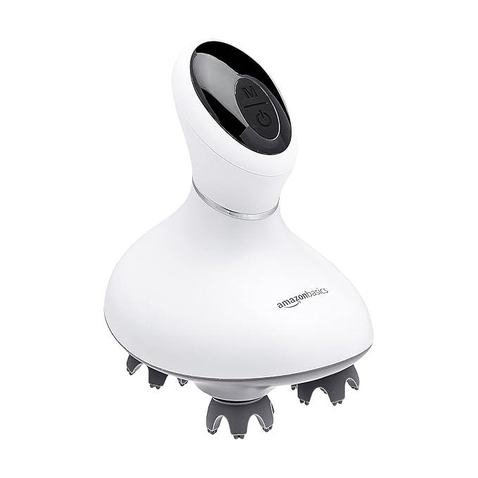 Amazon Basics Electric Scalp Massager with Four Massage Modes that Imitate Four-Finger Kneading, Charging Base Included, Portable and Easy to Clean - White