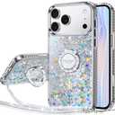 Silverback for iPhone 17 Pro Case, Moving Liquid Holographic Sparkle Glitter Case with Kickstand, Girls Women Bling Diamond Ring Protective Case for iPhone 17 Pro - Clear Silver