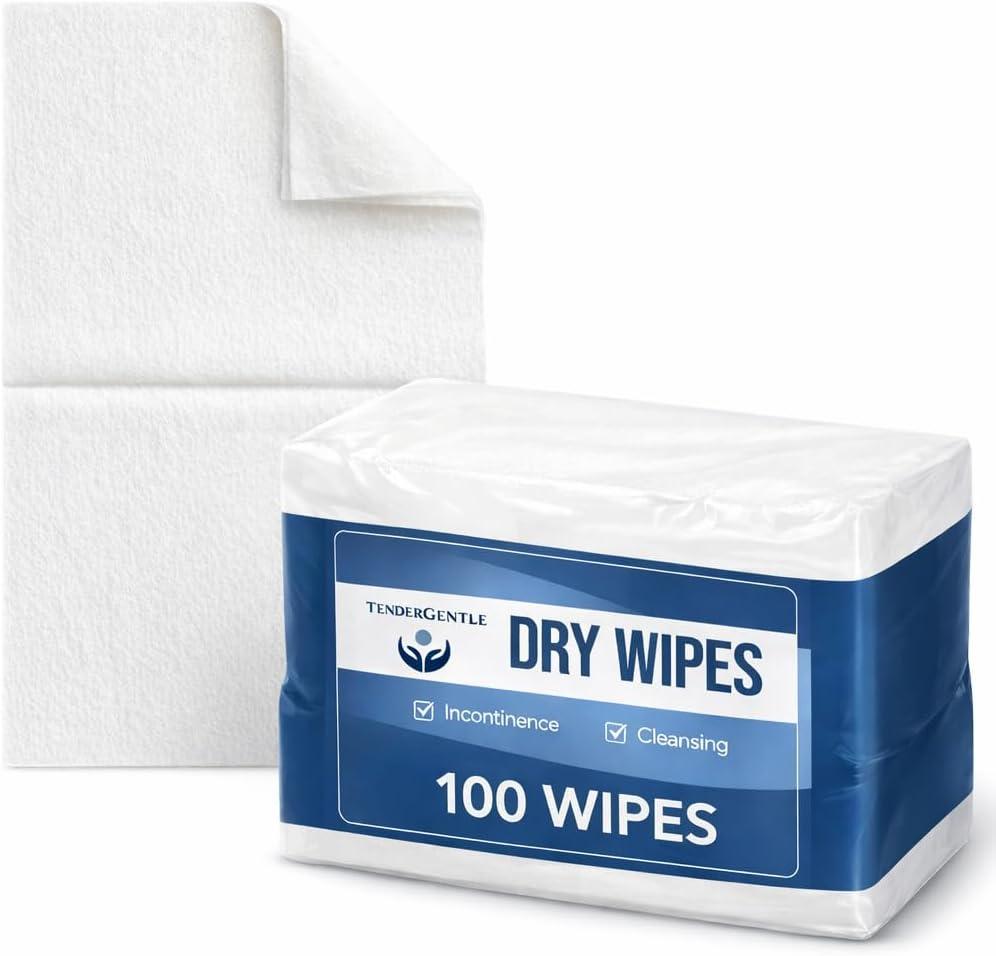 Dry Wipes for Adults - 2 Pack of 100 Unscented Disposable Washcloths - 10" x 13" Non Woven Wipes for Incontinence and Senior Care