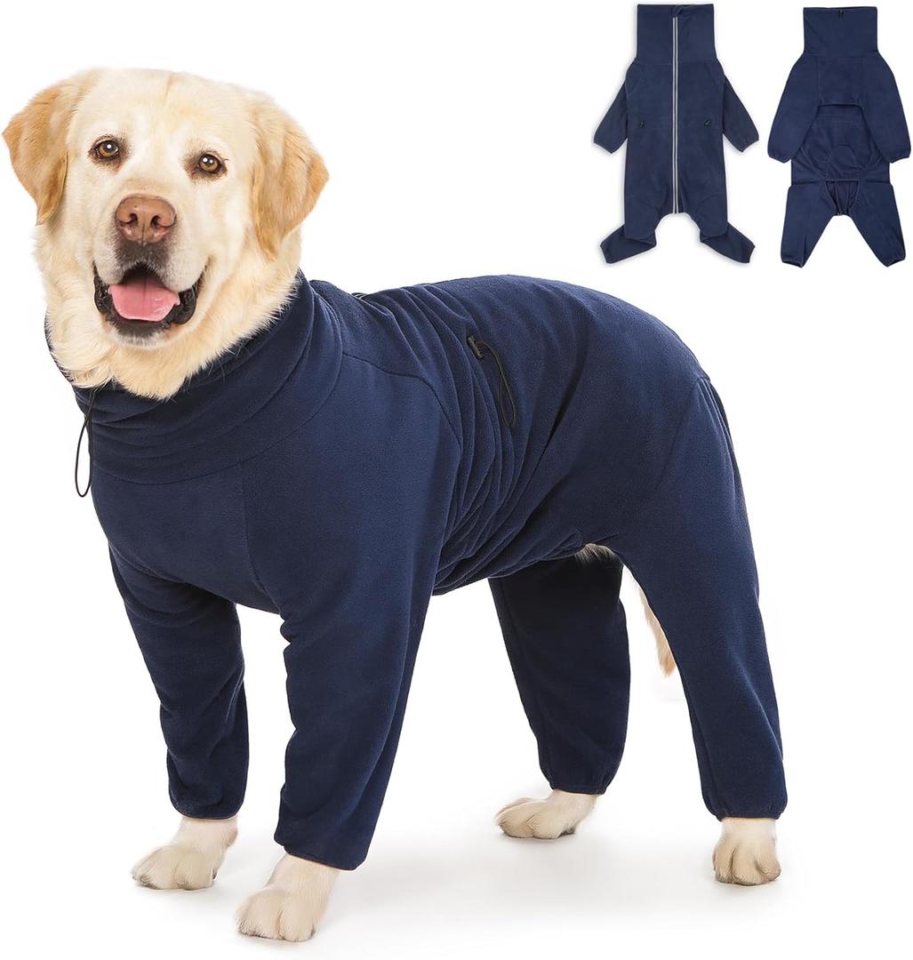 Dog Winter Coat for Large Medium Small Dogs, Warm Fleece High Collar Full Body Dog Jumpsuit Comfortable Onesie Apparel (Dark Blue, 5X-Large) (5XL(Reference Weight 65-88 lbs))