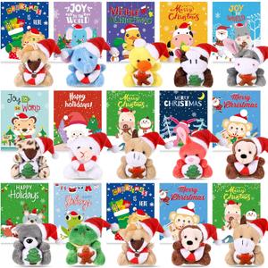 Hollowfly 15 Sets Christmas Plush Bulk Mini Stuffed Animals with Xmas Cards Mini Plush Toy with Hat for Xmas Party Favors Christmas Classroom Prizes Gifts Exchange Stocking Fillers