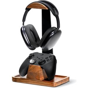 UPERGO Headset Stand with Gaming Controller Holder, Walnut Wood Headphone Stand with Storage Base, Gaming Equipment Accessories for Desk