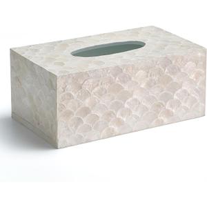 Rectangular Capiz Tissue Box Cover, Decorative Mother of Pearl Inlay Tissue Box Holder for Bedroom, Bathroom, Kitchen, and Office, Rectangle Tissue Box Cover White (10.25 x 5.9 x 4.33)