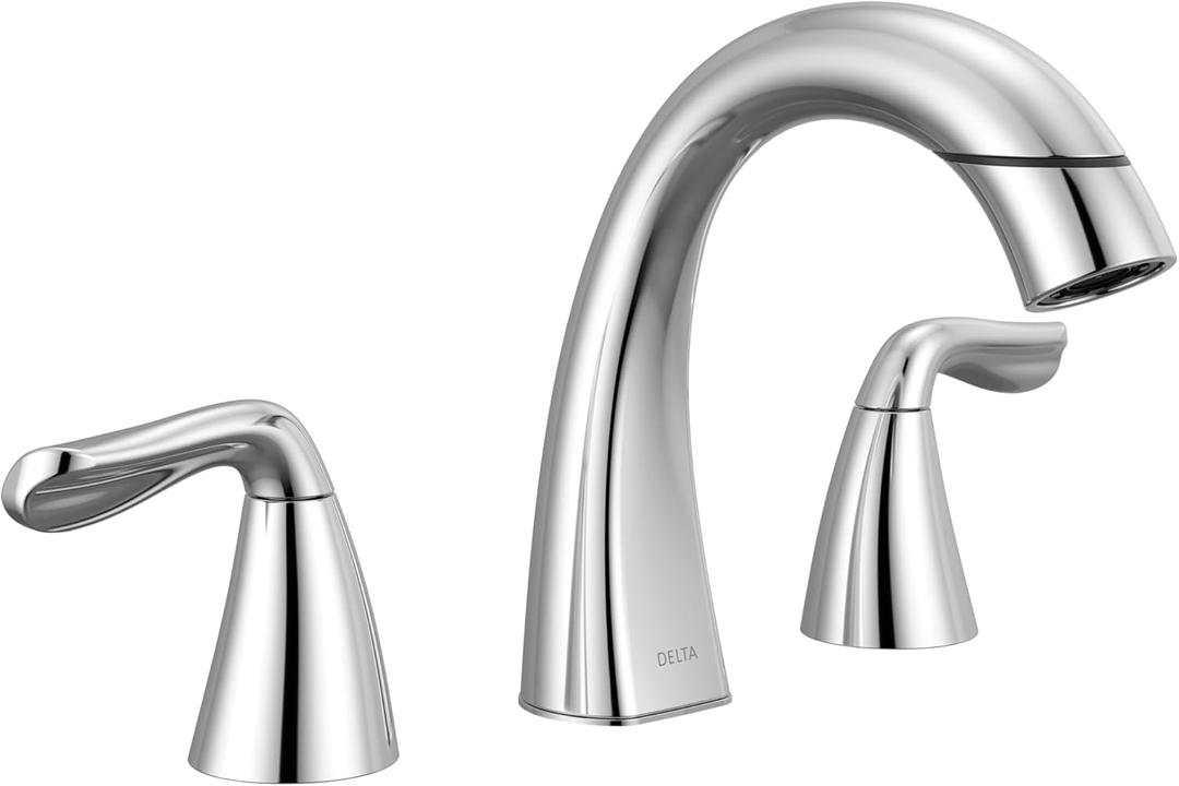 Delta Arvo Chrome Bathroom Faucet with Sprayer, 8 Inch 3 Hole Widespread Bathroom Sink Faucet with Pull Out Sprayer, Push-Pop Drain, Chrome 35840LF-PD