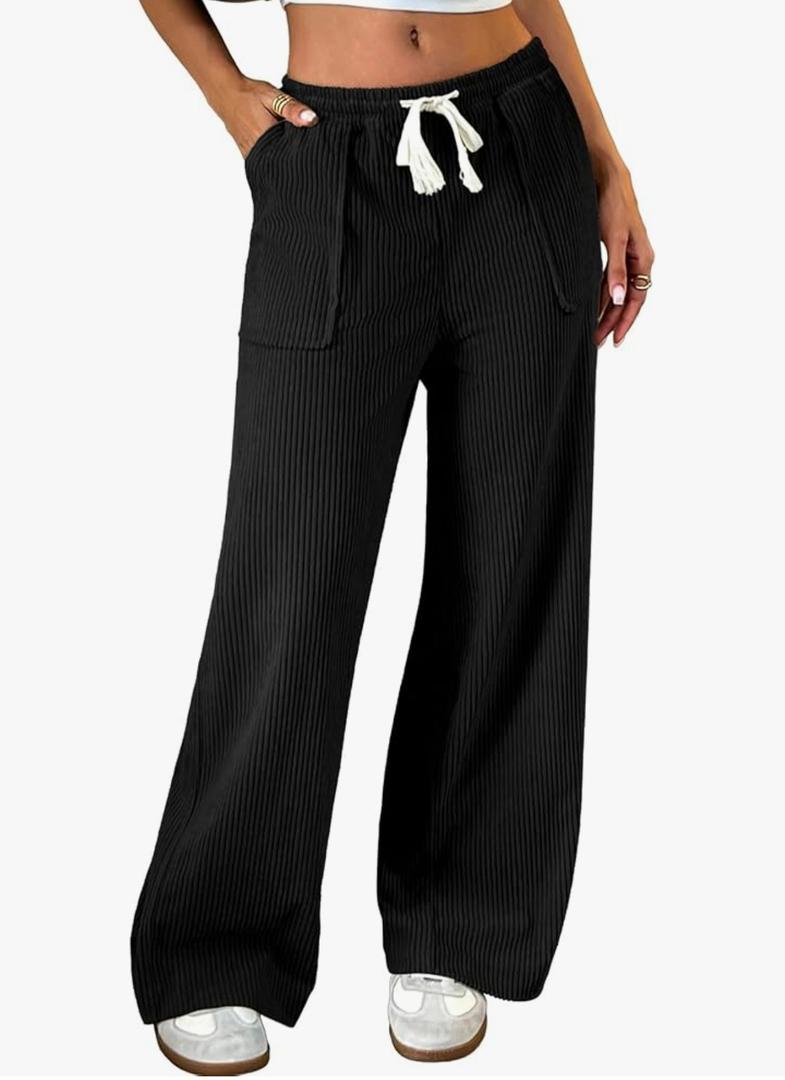 ELLEVEN Women's Straight Leg Corduroy Pants, Elastic High Waisted with Drawstring & Pockets - Casual Fall Trousers XL