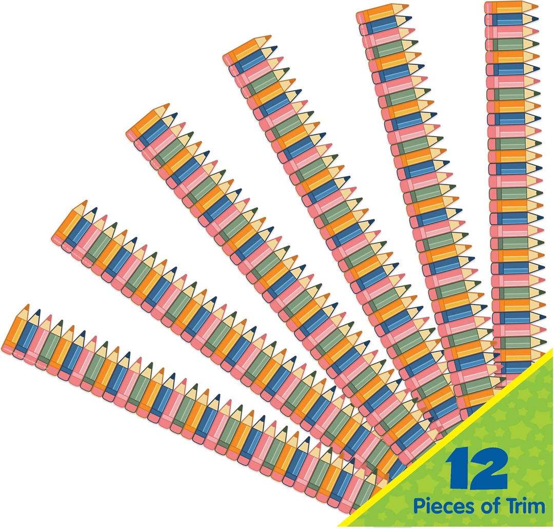Eureka 845693 S'Cool Era Die-Cut Pencils Decorative Classroom and Bulletin Board Trim for Teachers, 2.25" Wide with 37 Feet Total, 12 Strips