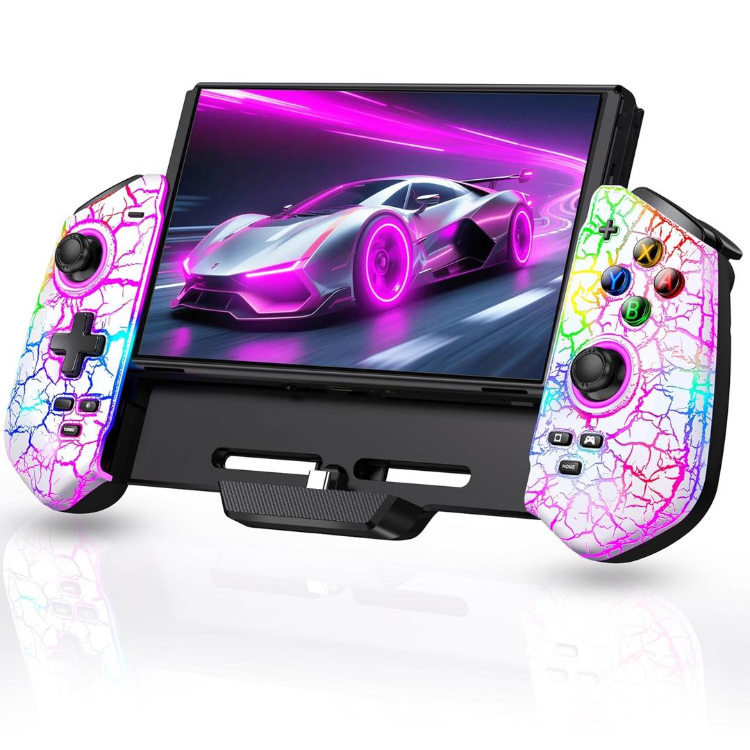 Switch Controller for Nintendo Switch/OLED, Hall Effect Joystick Wired Switch Pro Remote Controller with Turbo/4 Game Slot/Dual Motor, Handheld Joypad Replacement for Nintendo Switch Controller, White Crack