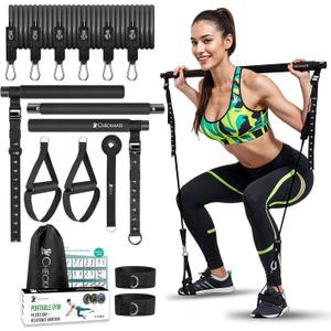 CHECKMATE Pilates Bar Kit with Resistance Bands | 3-Section Pilates Bar with Stackable Bands Workout Equipment for Legs, Hip, Waist & Arm