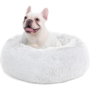 Bedsure Calming Dog Bed for Medium Dogs - Donut Washable Medium Pet Bed, 30 inches Anti-Slip Round Fluffy Plush Faux Fur Cat Bed, Fits up to 45 lbs Pets, Frost Grey