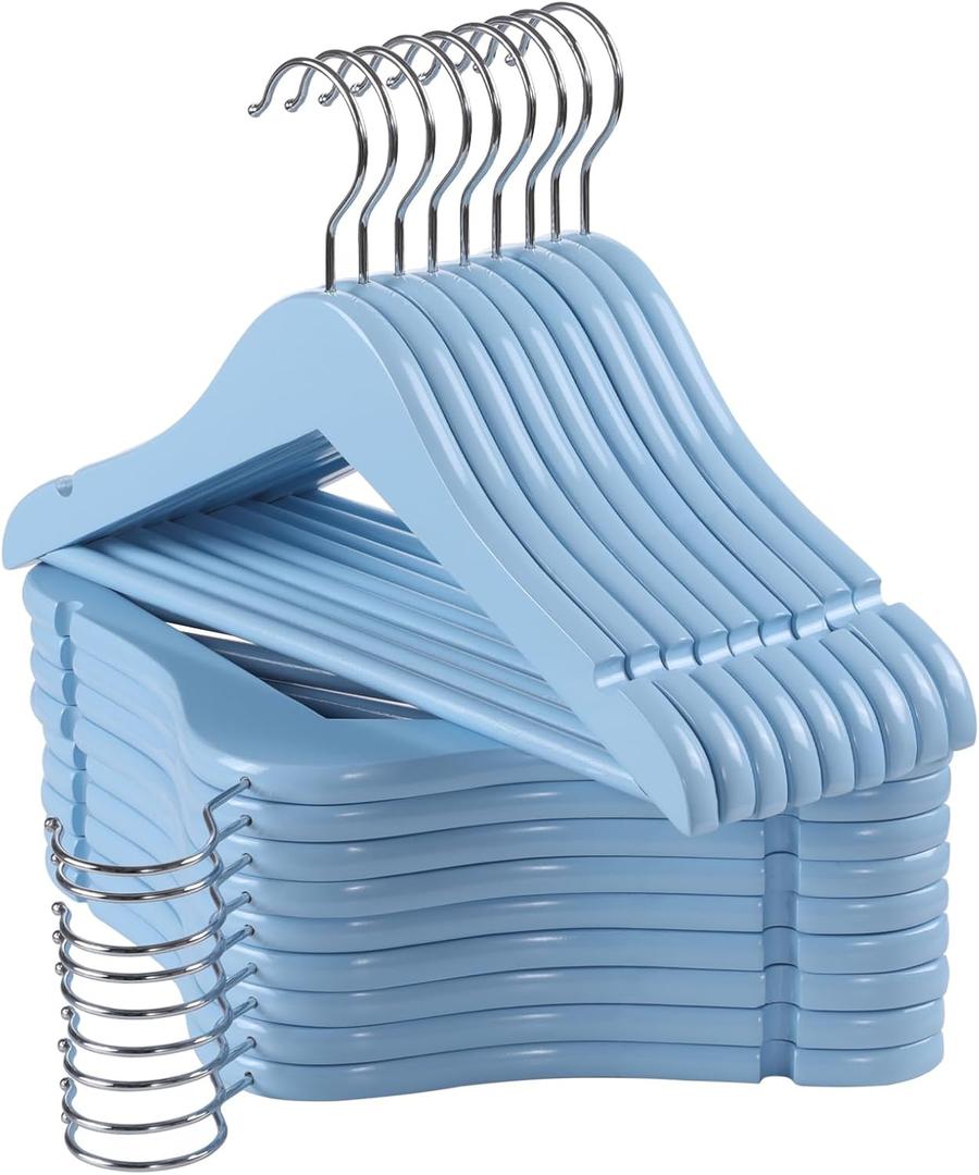 Kids Wooden Hangers 20 Pack, Blue Wooden Baby Hangers with Smooth Finish, Solid Wood Childrens Hangers for Clothes, Precisely-Cut Sleek Notches & Swivel Hook Baby Clothes Hangers for Closet