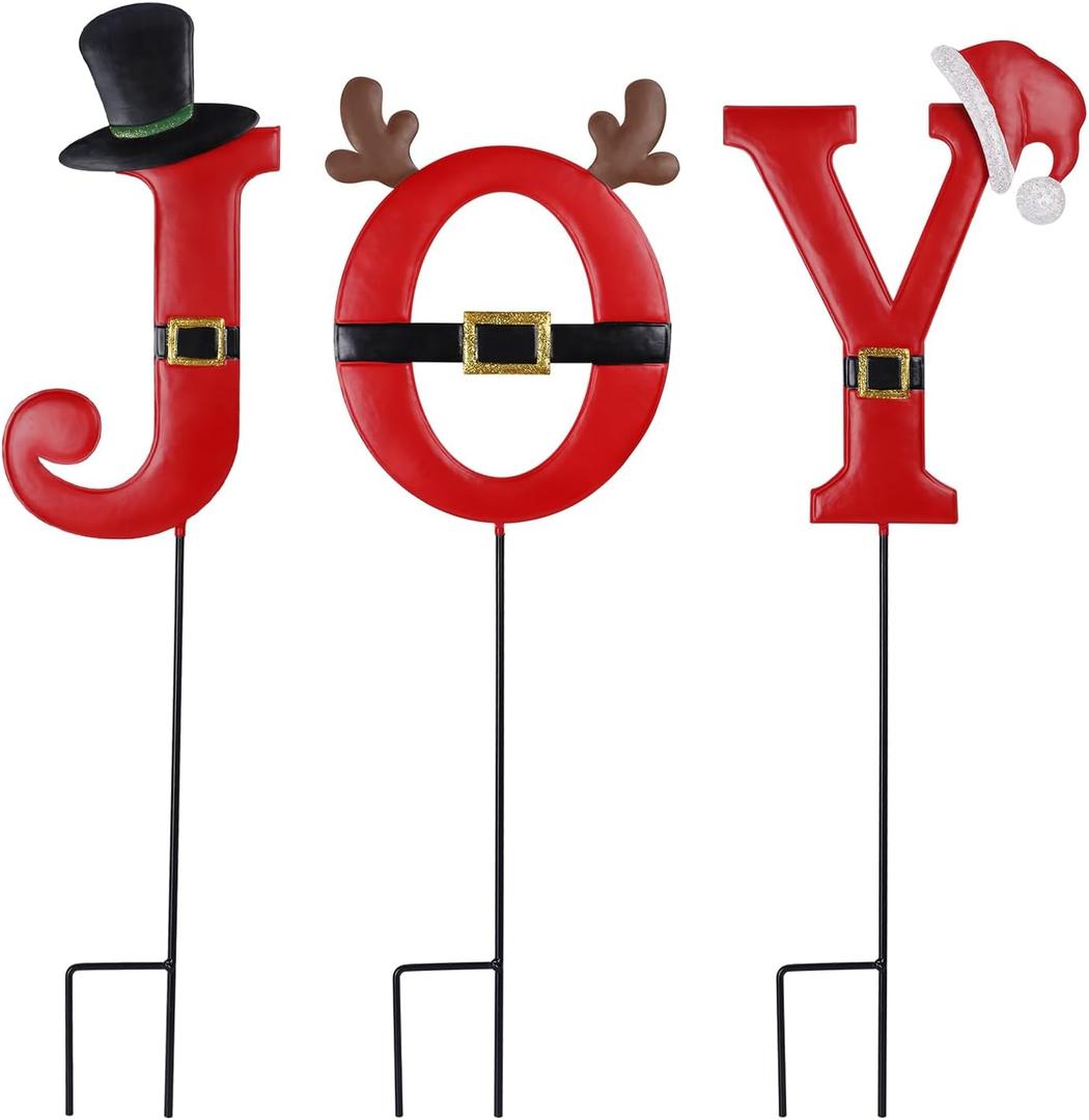 FORUP Joy Christmas Decorations  3 Pcs Metal Garden Stakes for Outdoor Lawn Yard Decor
