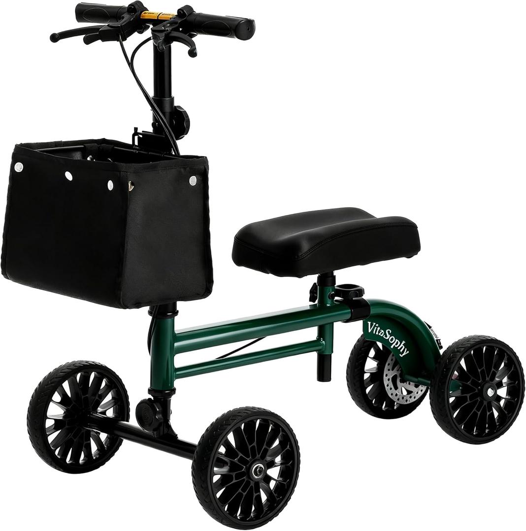 Knee Scooter with Disc Brake, Steerable Knee Walker for Adults,Foldable Rover Scooter for Broken Foot Injured Leg Crutch, Green