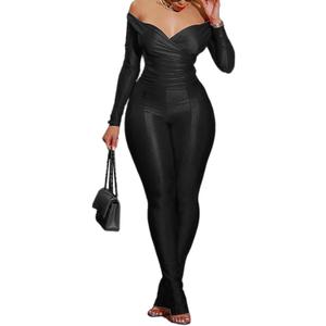 Womens Sexy 2 Piece Outfits Off Shoulder Deep V Neck Tops Slit Hem Flare Pants Sparkly Jumpsuit Set Clubwear (Black), XL