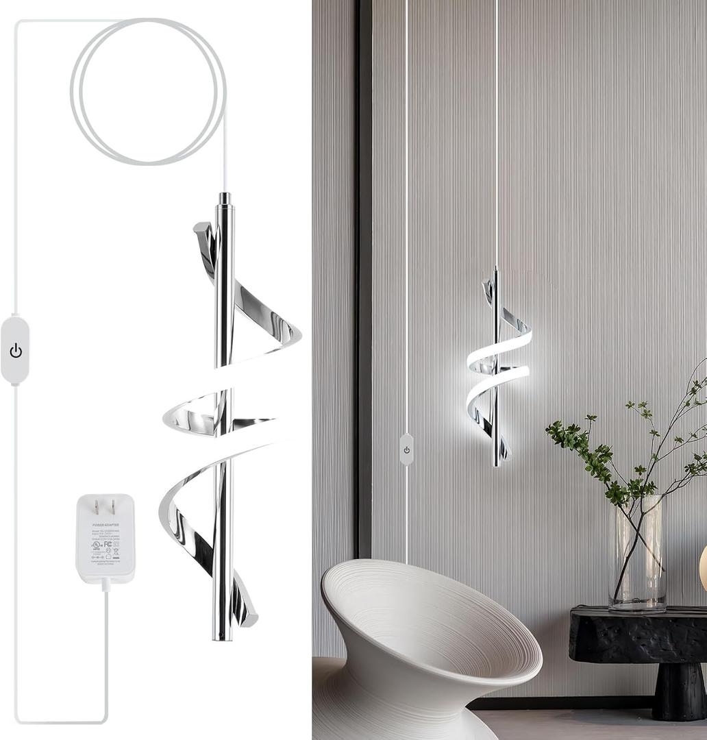 Plug in Pendant Light,Dimmable Hanging Lights with Plug in CordAdjustable Height Modern Led Pendant Light Kitchen Island Hanging Lmap for Dining Room Bedroom Sink (Chrome)