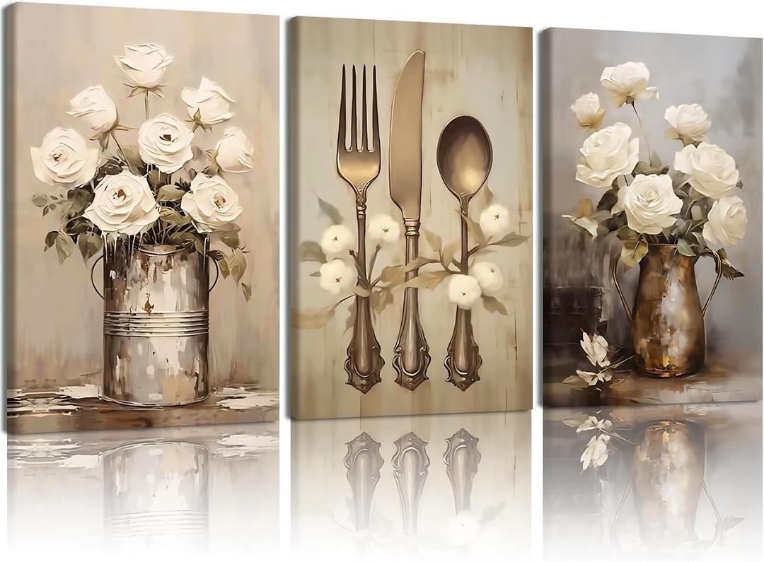 Doqueodas 3 pcs Vintage Floral Kitchen Canvas Framed Wall Art White Rose Still Life Print Image Farmhouse Chic Country Style Painting Poster Suitable for Kitchen and Dining Room Wall Decor 16x24 inch
