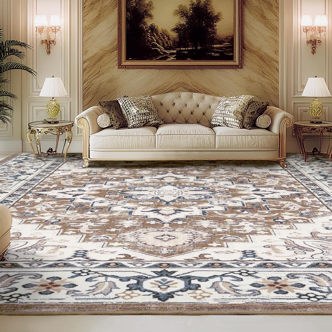 Lessymo Area Rugs 9x12 Living Room- Large Area Rug Machine Washable Area Rug for Bedroom Living Room, Vintage Rugs Boho Floral Medallion, Non-Slip Rubber, Low Pile, Kid & Pet Friendly, Brown Beige (12' x 9' (Rectangular), Brown Beige)