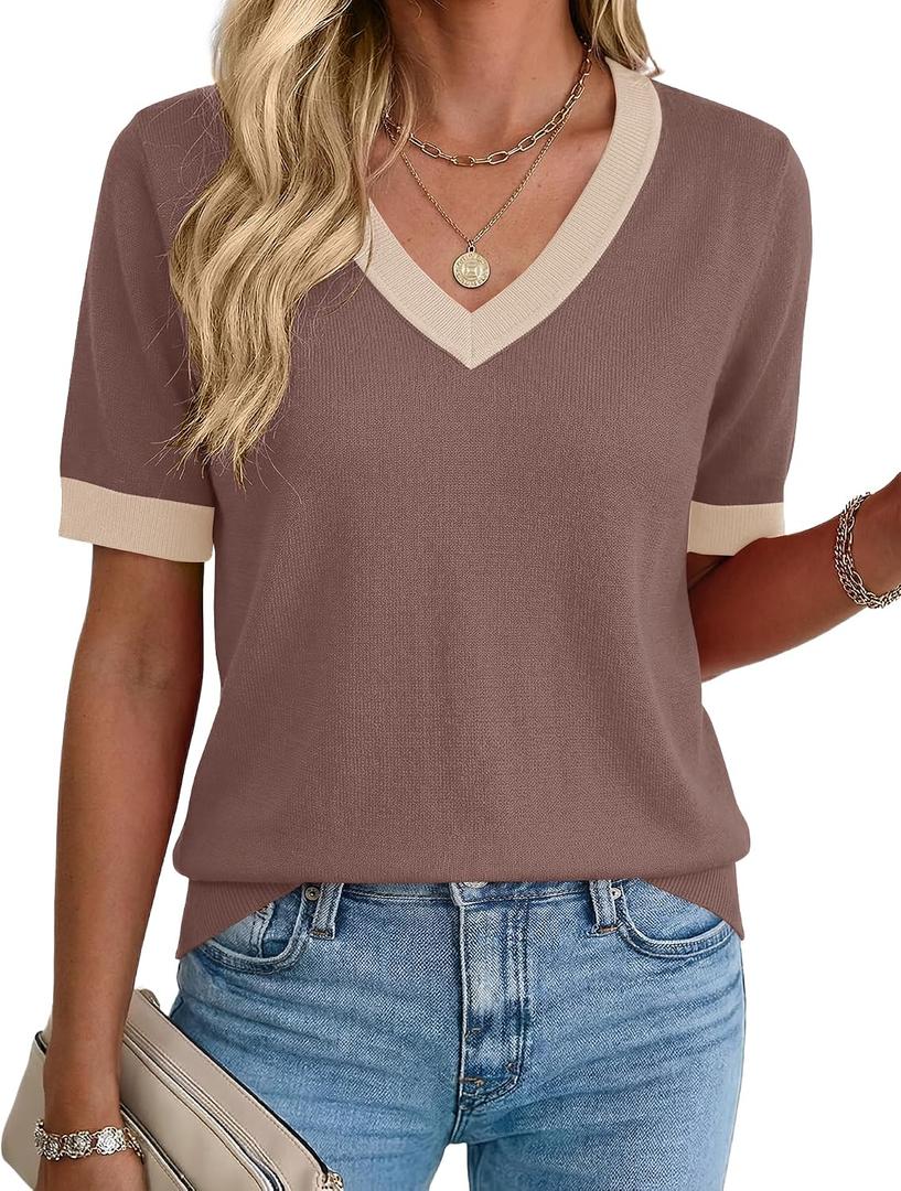 Rapbin Womens Short Sleeve Sweater Summer V Neck Tops Casual Knit Shirts Lightweight Pullover Top, Large