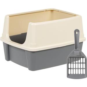 Large Cat Litter Box with High Sides, Open Top for Easy Access, Includes Scoop with Storage, 19" x 15" x 11.75", Grey/Beige