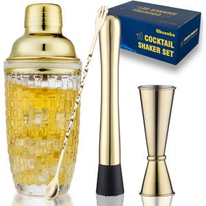 Gold Cocktail Shaker Set - Glass Cocktail Shaker with Strainer - Martini Shaker Set -Matching Cocktail Jigger & Bar Spoon with Muddler  Bartender Kit for Home Bar