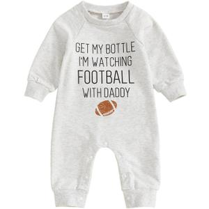 On Sunday We Watch Football With Daddy Newborn Baby Boy Girl Football Outfit Long Sleeve Romper Jumpsuit Fall Clothes (3-6 Months, Gray)