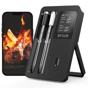 BFOUR 524FT Meat Thermometer Digital Wireless with Smart App, Bluetooth Smoker Cooking Thermometer with LCD Booster, IP67 Waterproof & 752F Heat Resistance 2 Meat Probes for Food Grill Oven and BBQ (Black)