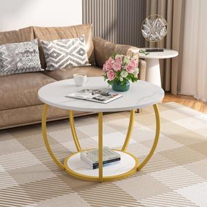 GreenForest Round Coffee Table with 2-Tier Open Storage, 27.6 inch Small Circle Coffee Tables with Adjustable Feet, Modern Mini Center Table for Small Living Room, White and Gold (Marble)