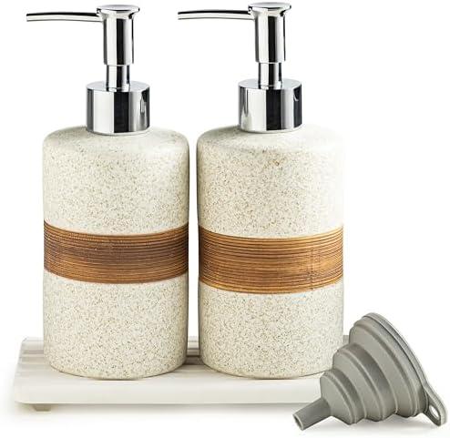 Cormomu 2-Pack Ceramic Soap Dispensers Set, Includes Stainless Steel Pump, Silicone Funnel and Diatomaceous Tray, Hand Soap, Dish Soap, Shampoo and Conditioner Dispenser for Bathroom & Washroom, White, (Only Ceramic Soap Dispensers )