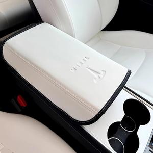 Armrest Cover Designed for Tesla Model 3/Y 2017-2023 2024, Leather Center Console Armrest Box Cover Anti-Scratch Protector Pad Interior Accessories for Tesla Model 3 Model Y 2017-2024 (Gravure White)
