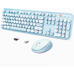 Wireless Keyboard and Mouse Combo, Ergonomic Full Size Typewriter Retro Round Keycaps Keyboard, Compatible with Windows, PC, Perfer for Home and Office Keyboards (Blue