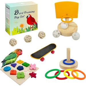 Bird Toys For Parakeets,5pcs Parrot Toys Set （Include Bird Basketball Toy、Bird Skateboard、Bird Stacking Toy、Parrot Wooden Block Puzzles Toy、Small Sepak Takraw）,Parakeet Toys、For Bird Training Toys 12